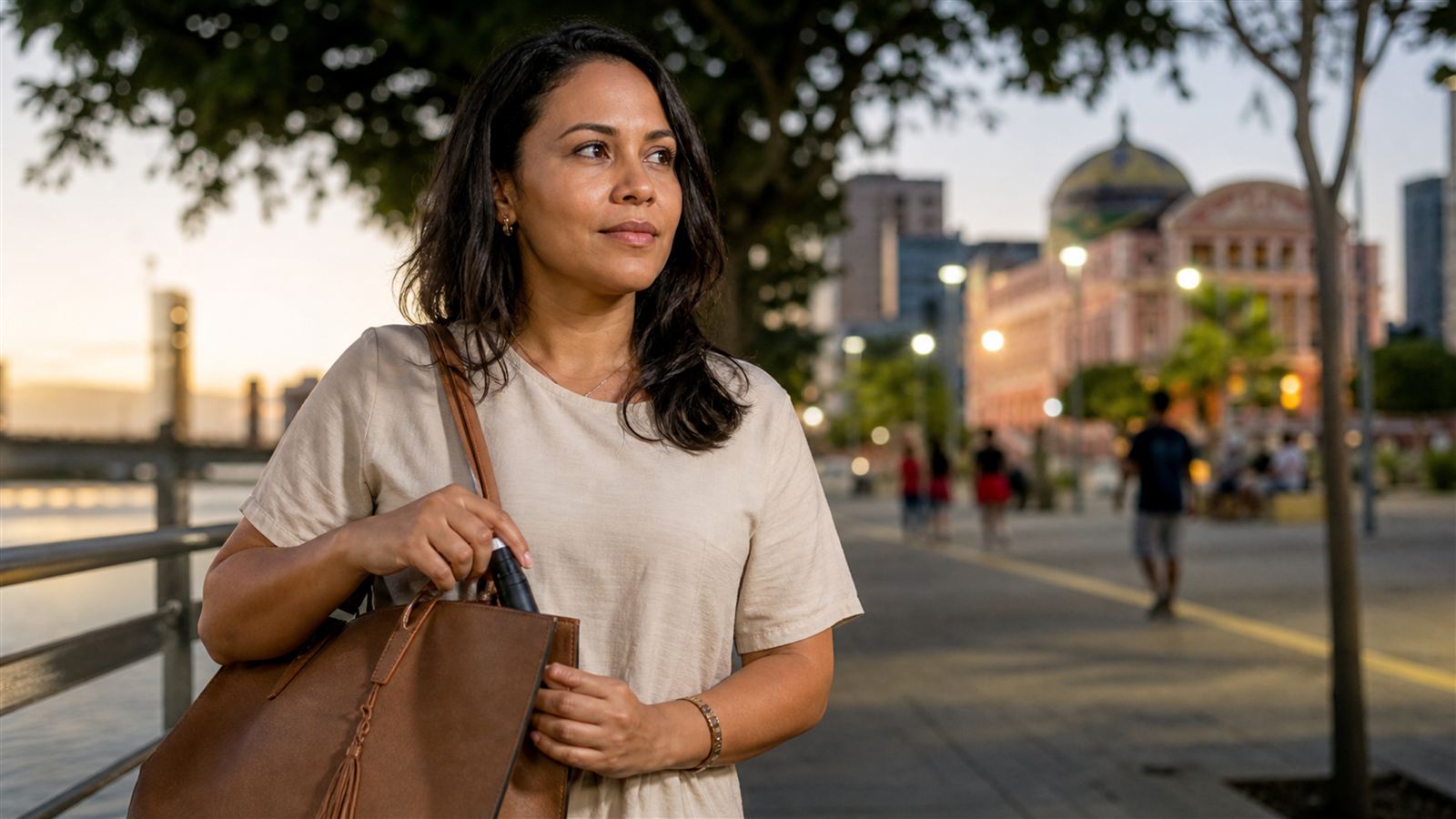 Mulher guarda spray de defesa pessoal na bolsa em passeio por Manaus
